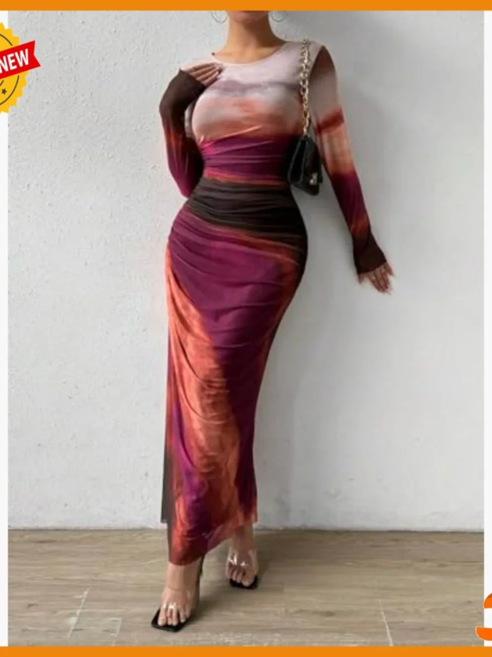 Long Sleeve Maxi Bodycon Dress Ruched Formal Slim Fit Mesh Tie Dye - Picture 6 of 7